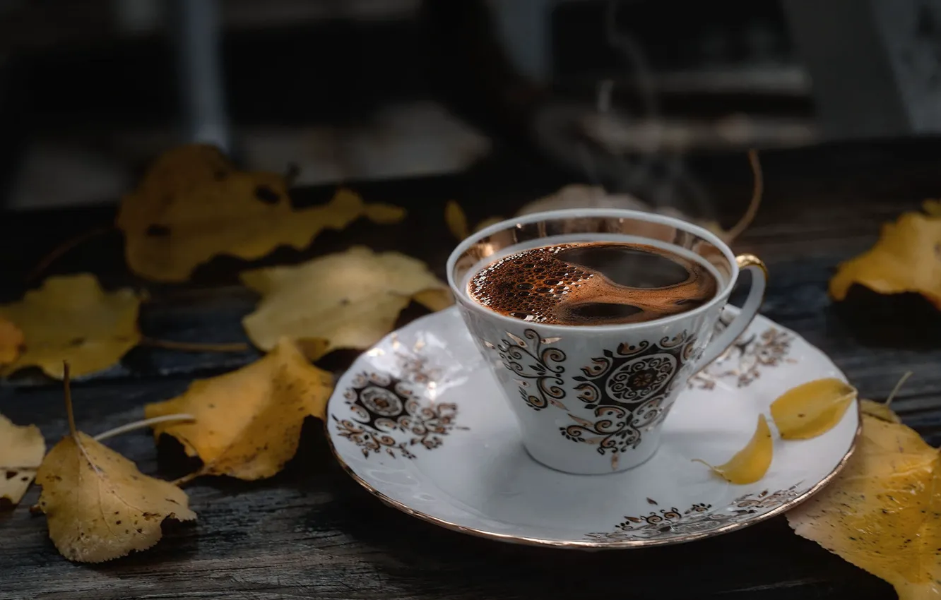 Photo wallpaper leaves, yellow, the dark background, table, black, Board, coffee, hot