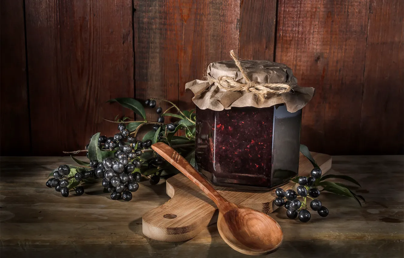 Photo wallpaper paper, berries, table, Board, spoon, Bank, still life, jam