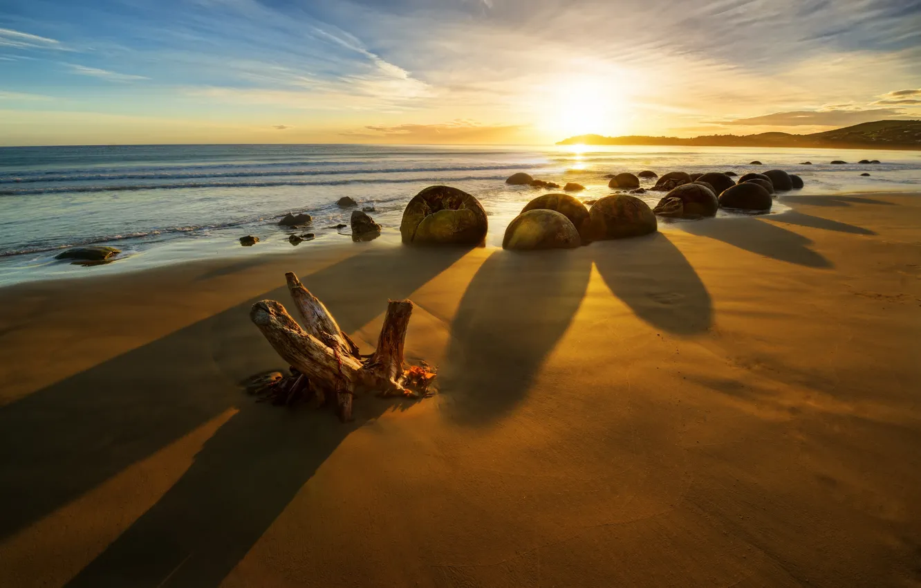 Photo wallpaper sunrise, stones, the ocean, coast, New Zealand, New Zealand