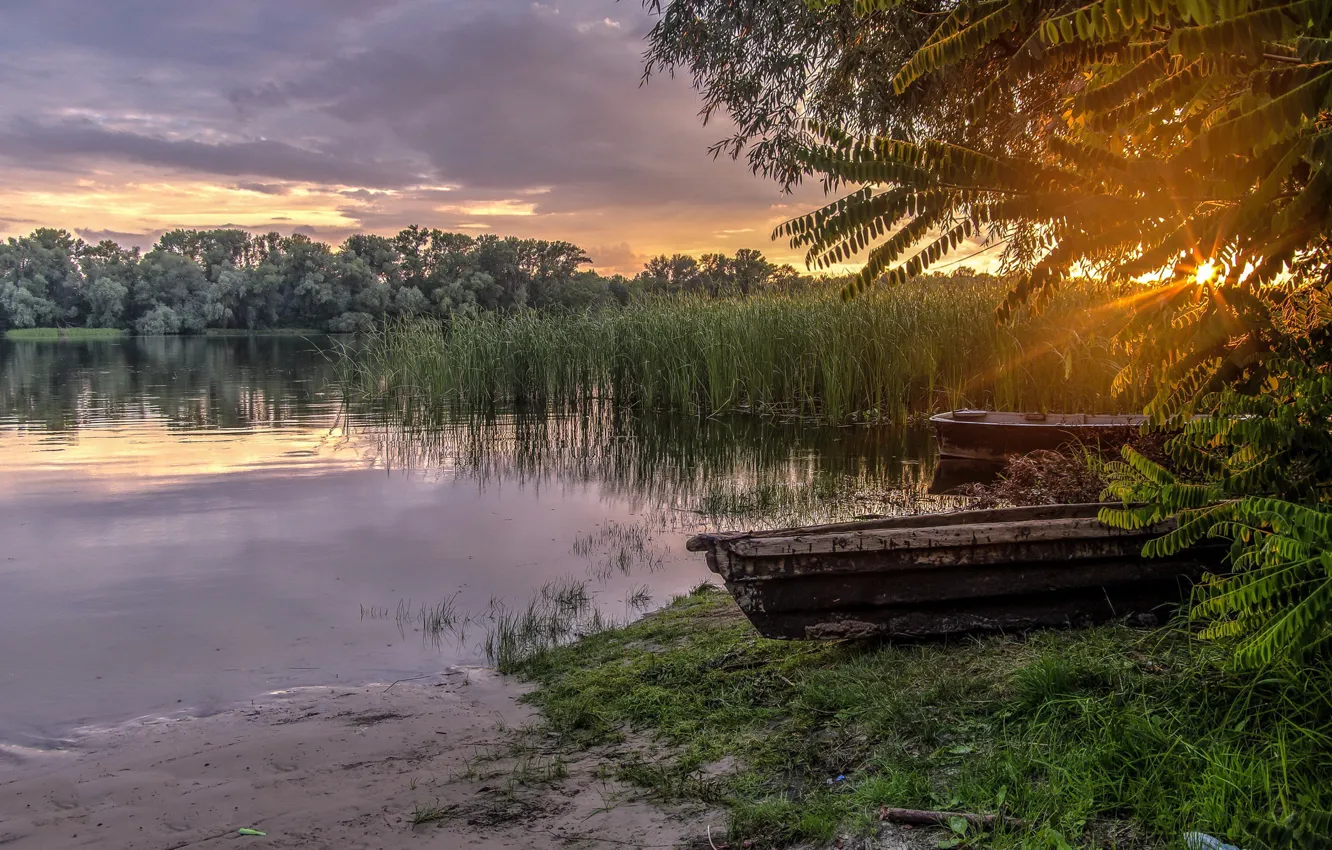Photo wallpaper lake, boat, morning