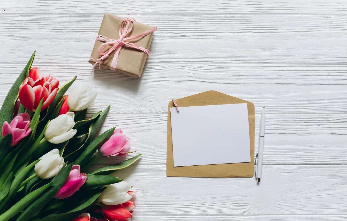 Photo wallpaper letter, holiday, gift, tulips