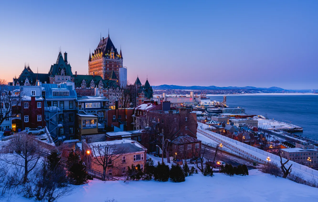 Photo wallpaper winter, snow, river, building, home, Canada, Canada, Quebec
