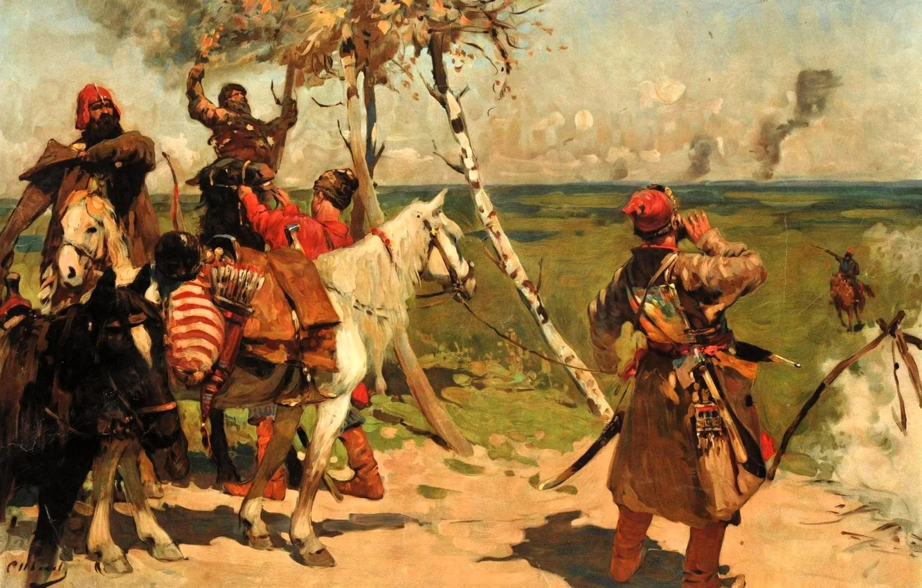 Photo wallpaper trees, the steppe, horse, smoke, people, picture, rider, Cossack