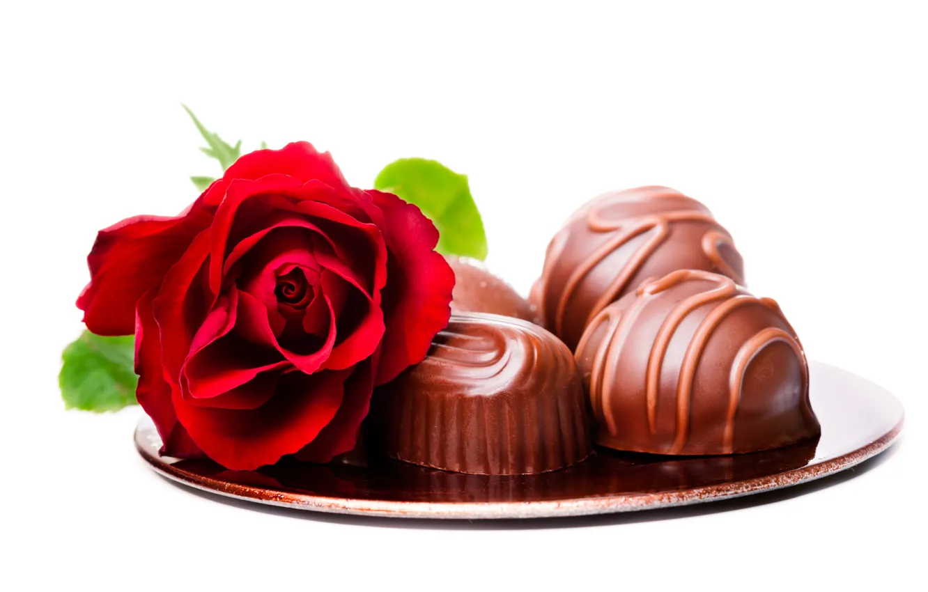Photo wallpaper flowers, red, roses, candy, white background, chocolate