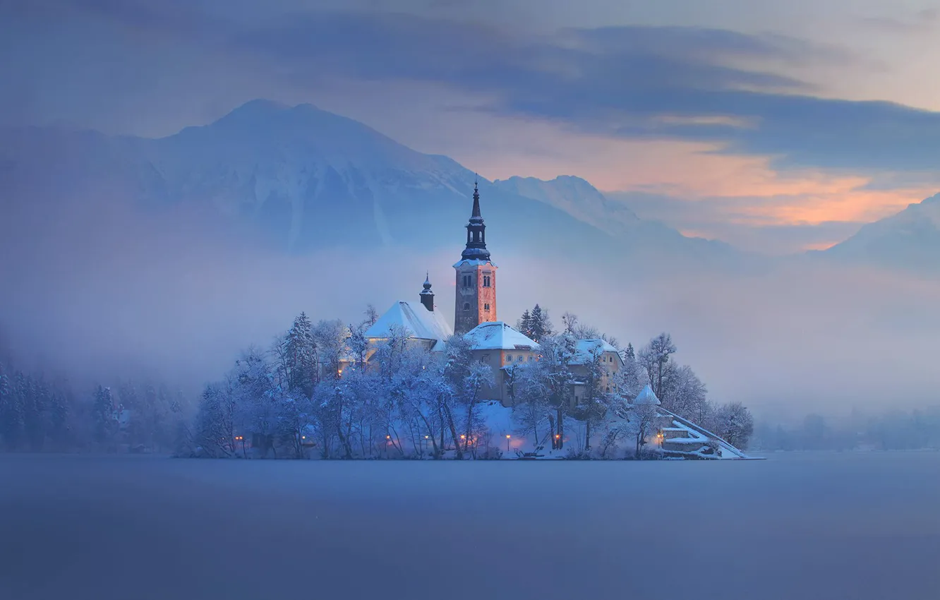 Photo wallpaper winter, mountains, fog, lake, island, home, Church, Slovenia