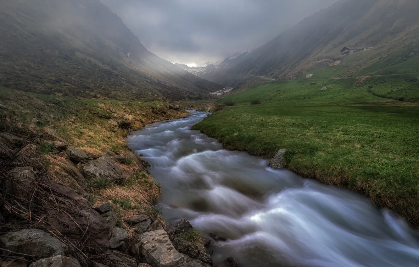 Photo wallpaper mountains, fog, river, Austria, Tyrol
