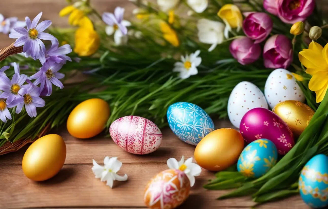 Photo wallpaper flowers, eggs, spring, colorful, Easter, flowers, spring, Easter
