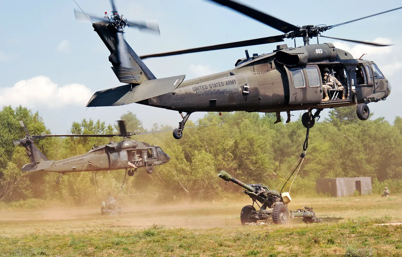 Photo wallpaper New York, group, exercises, UH-60 Black Hawk, helicopters, howitzer, assault, Fort Drum