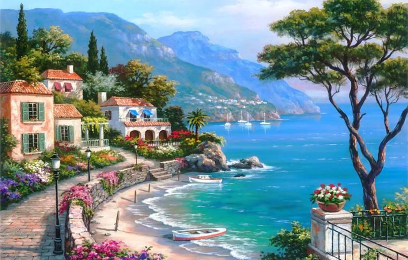 Photo wallpaper sea, mountains, the city, picture, yacht, painting, painting, Sung Kim