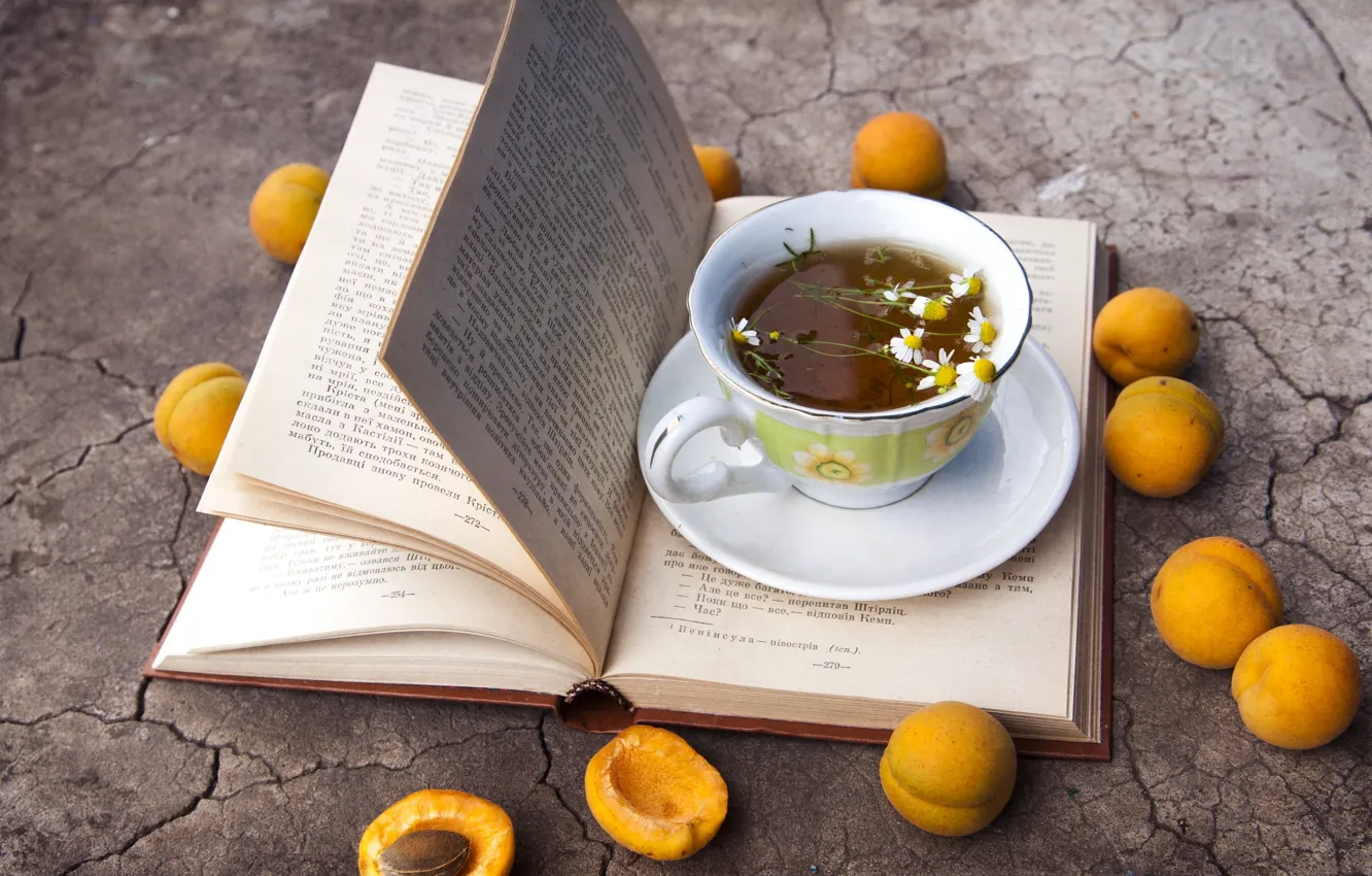 Photo wallpaper tea, chamomile, book, apricots