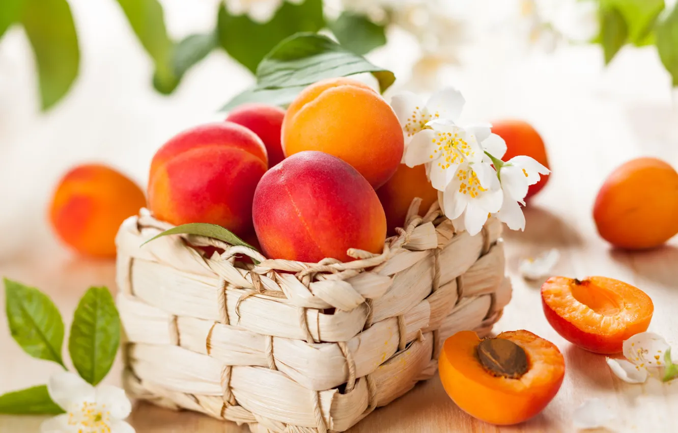 Photo wallpaper flowers, fruit, basket, apricots, Jasmine