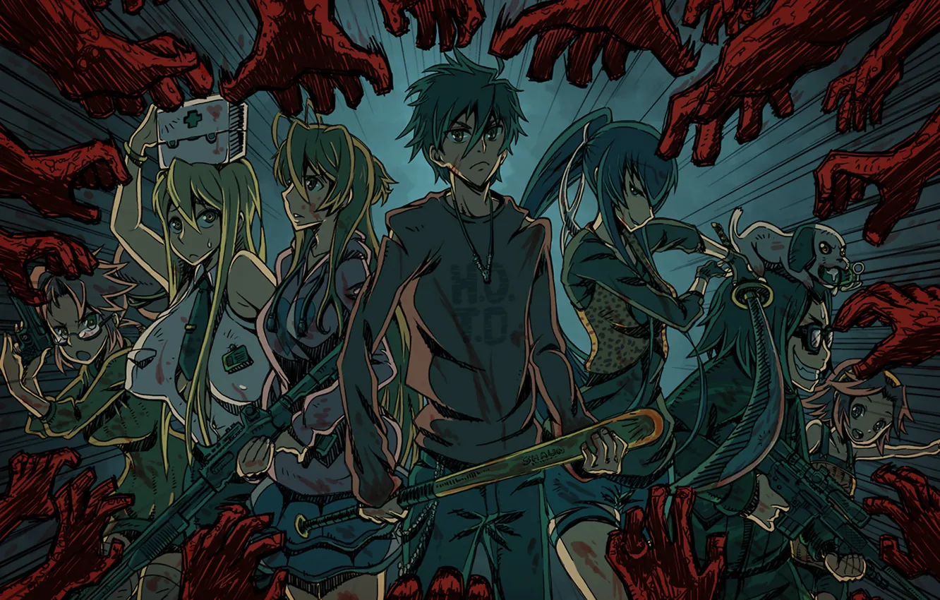 Photo wallpaper girls, zombies, girl, guys, anime, art, Of Takash Komuro, Highschool of the Dead