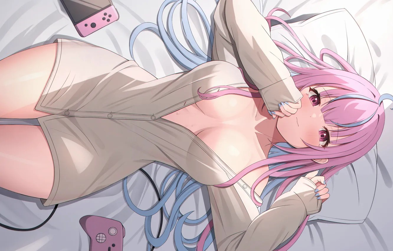 Photo wallpaper girl, sexy, cleavage, pink hair, long hair, boobs, anime, beautiful
