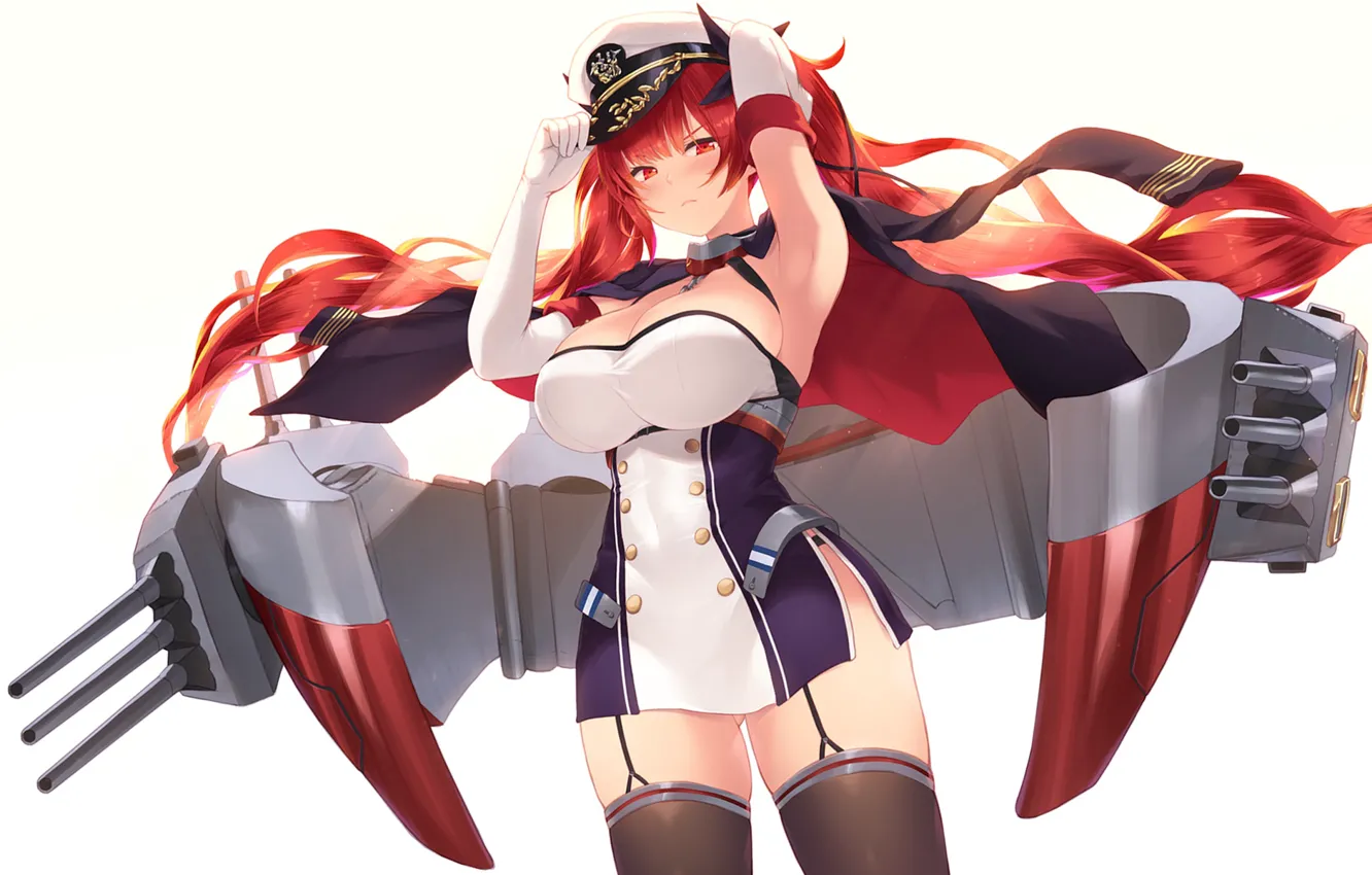 Photo wallpaper red, gun, red hair, dress, military, weapon, woman, anime