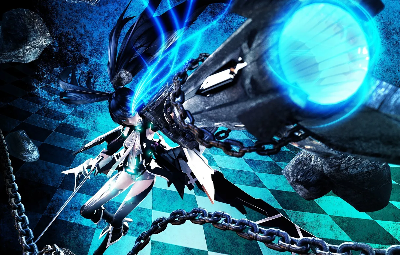 Photo wallpaper girl, weapons, glow, art, chain, black rock shooter, Mato, chickens