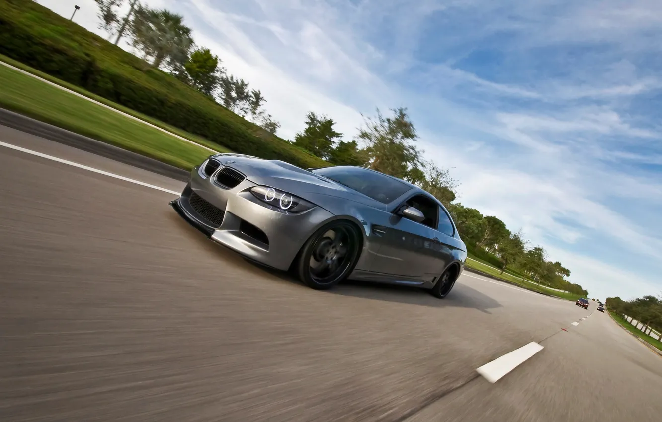 Photo wallpaper road, trees, markup, BMW, speed, silver, BMW, road