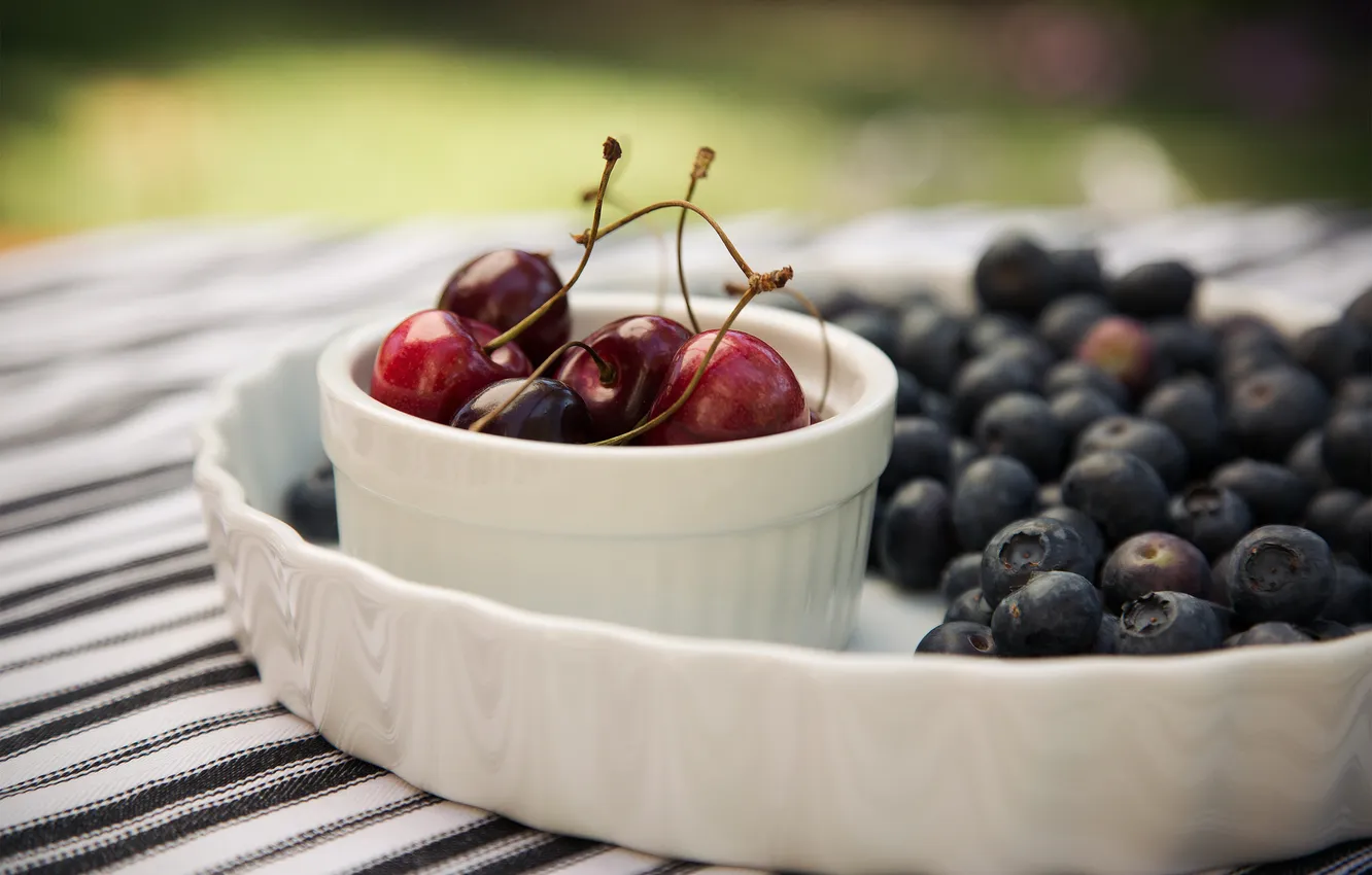 Photo wallpaper berries, food, fruit, red, cherry, blueberries