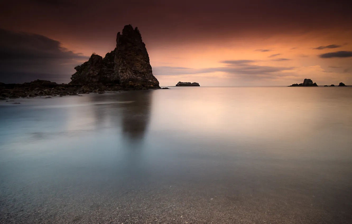 Photo wallpaper landscape, the ocean, rocks, dawn, shore