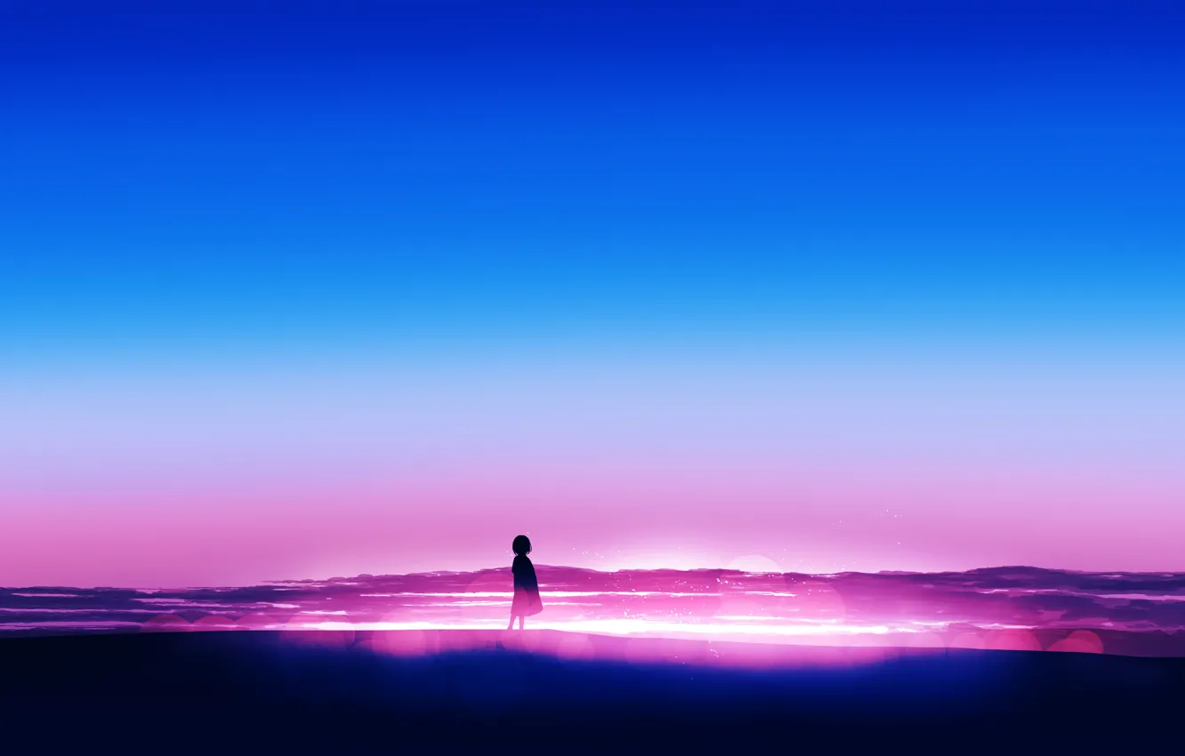 Photo wallpaper water, sunset, lilac, girl, postapokalipsis, by Gracile