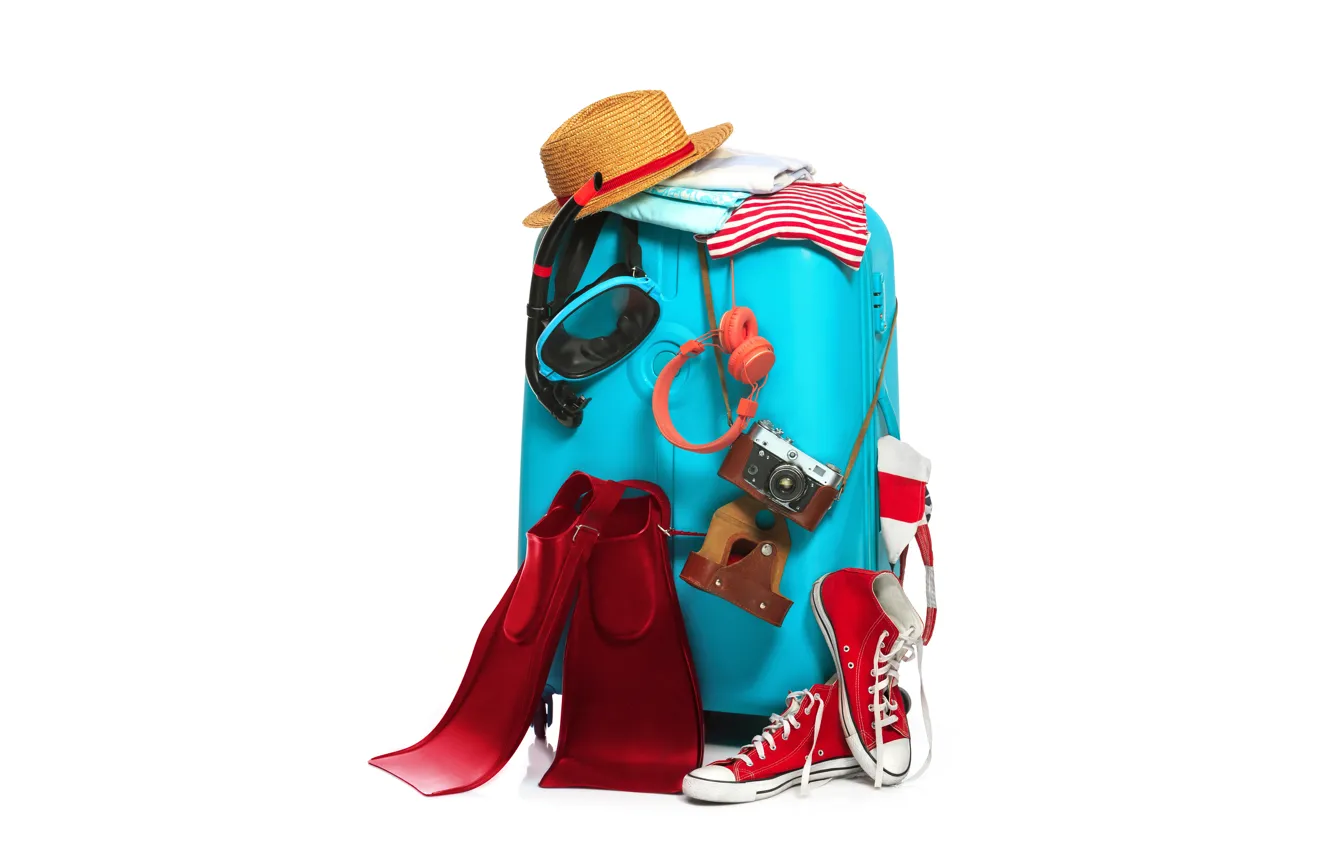 Photo wallpaper stay, clothing, sneakers, hat, headphones, white background, suitcase, fins