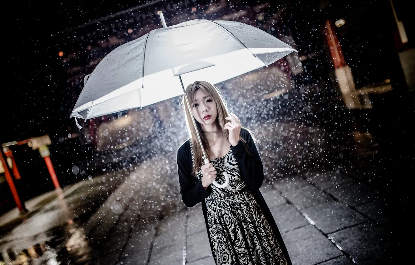 Photo wallpaper girl, rain, umbrella, Asian