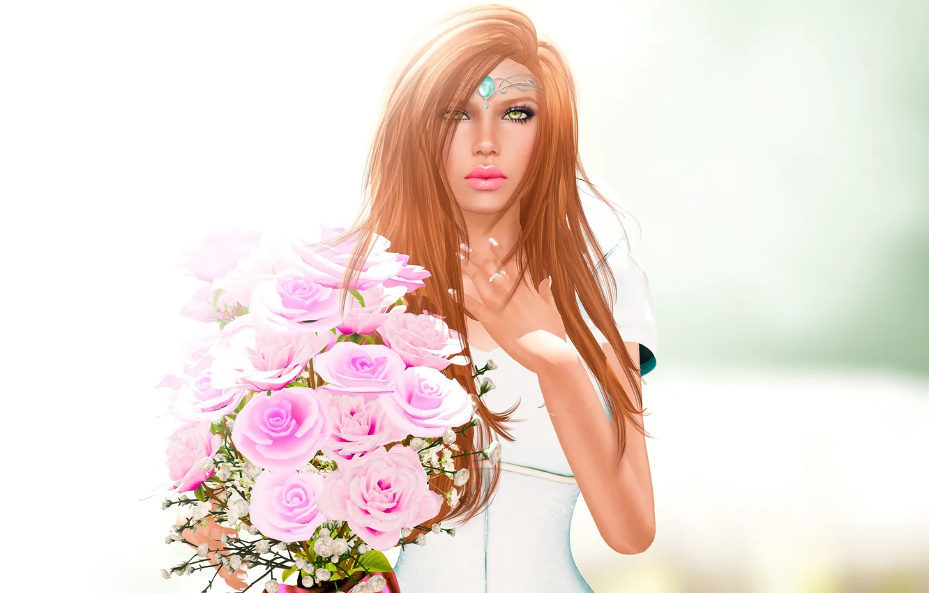 Photo wallpaper look, girl, flowers, face, rendering, hair