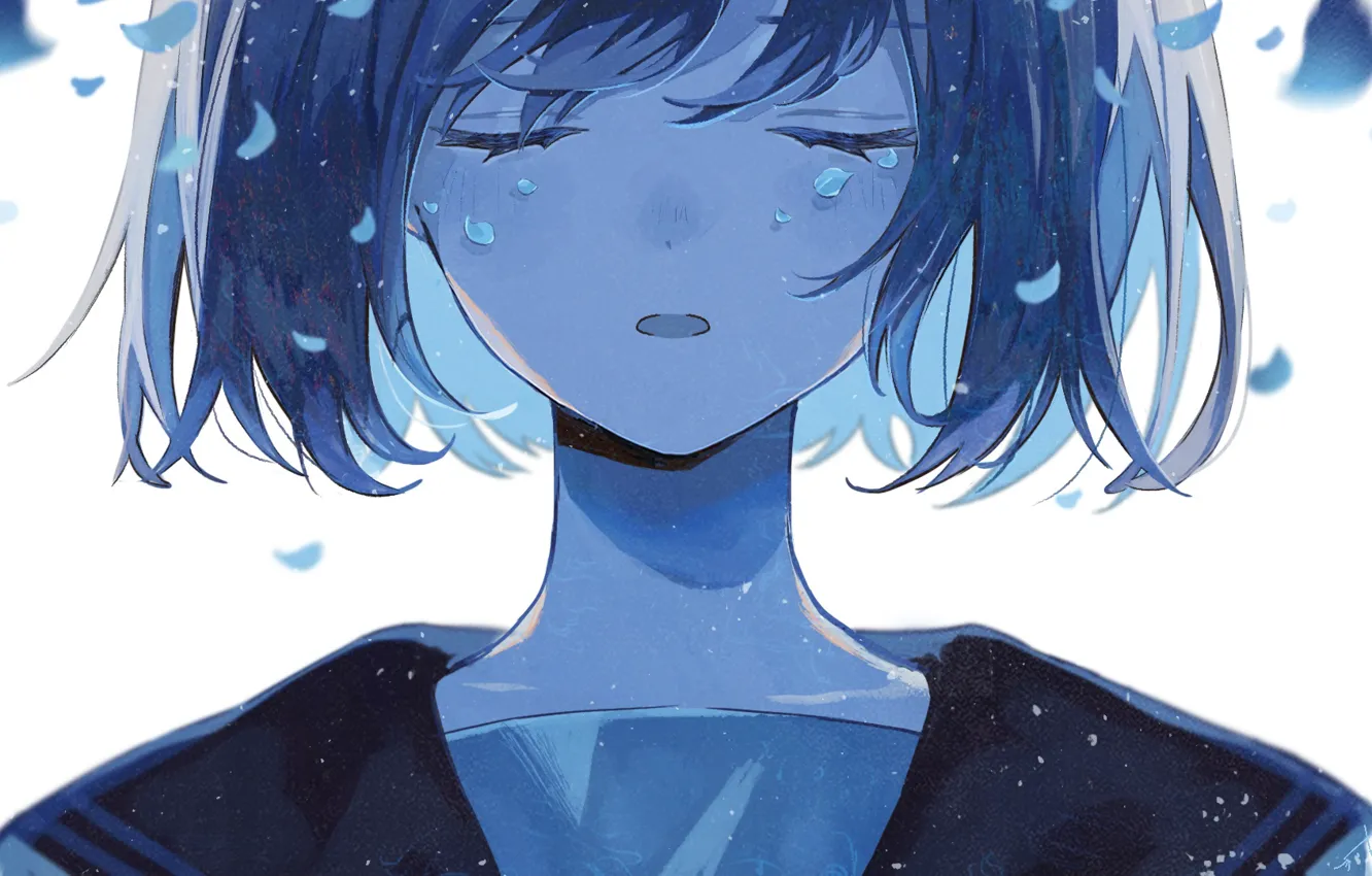 Photo wallpaper girl, petals, crying