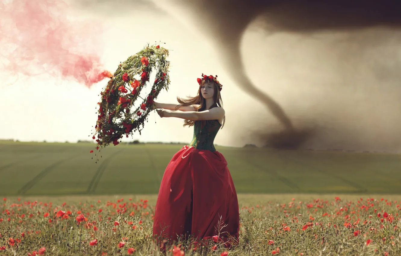 Photo wallpaper field, girl, tornado, wreath