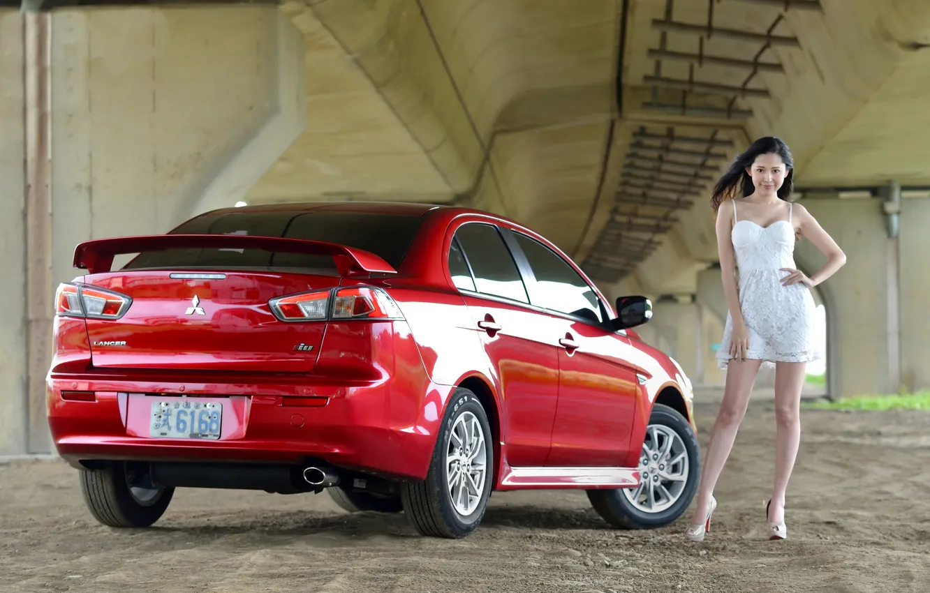 Photo wallpaper look, girl, Mitsubishi, Asian, beautiful girl, red car, posing on the car
