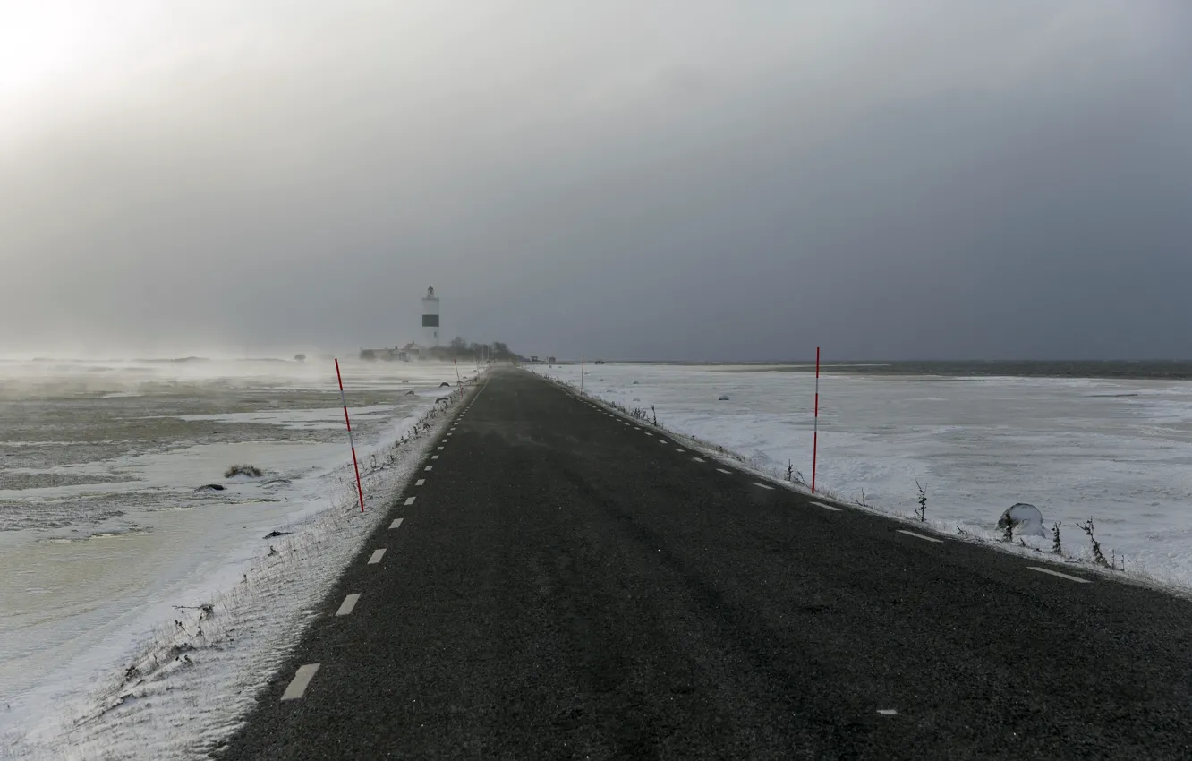 Photo wallpaper road, sea, fog, lighthouse