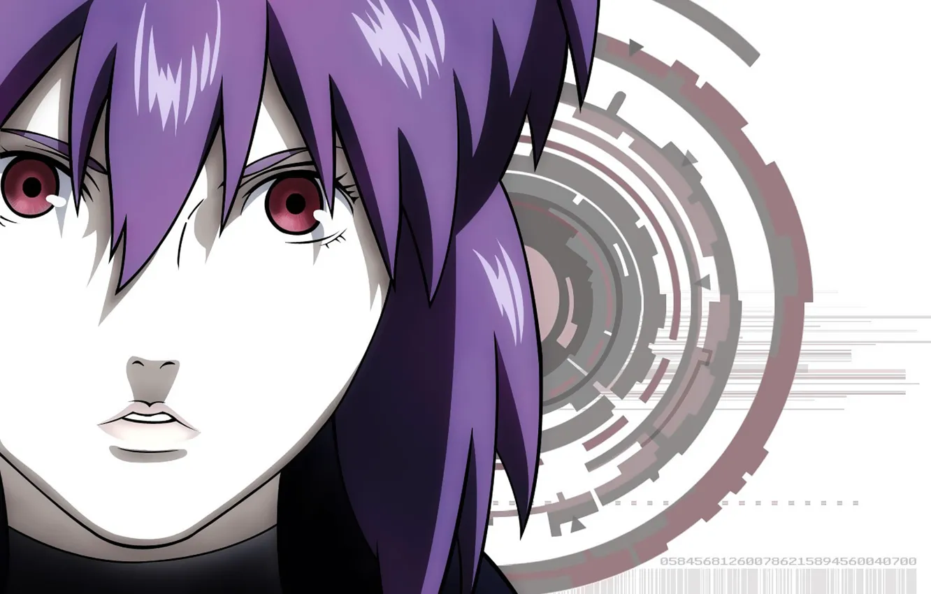 Photo wallpaper look, girl, face, background, red eyes, Ghost in the Shell, purple hair, The Fireworks Kusanagi