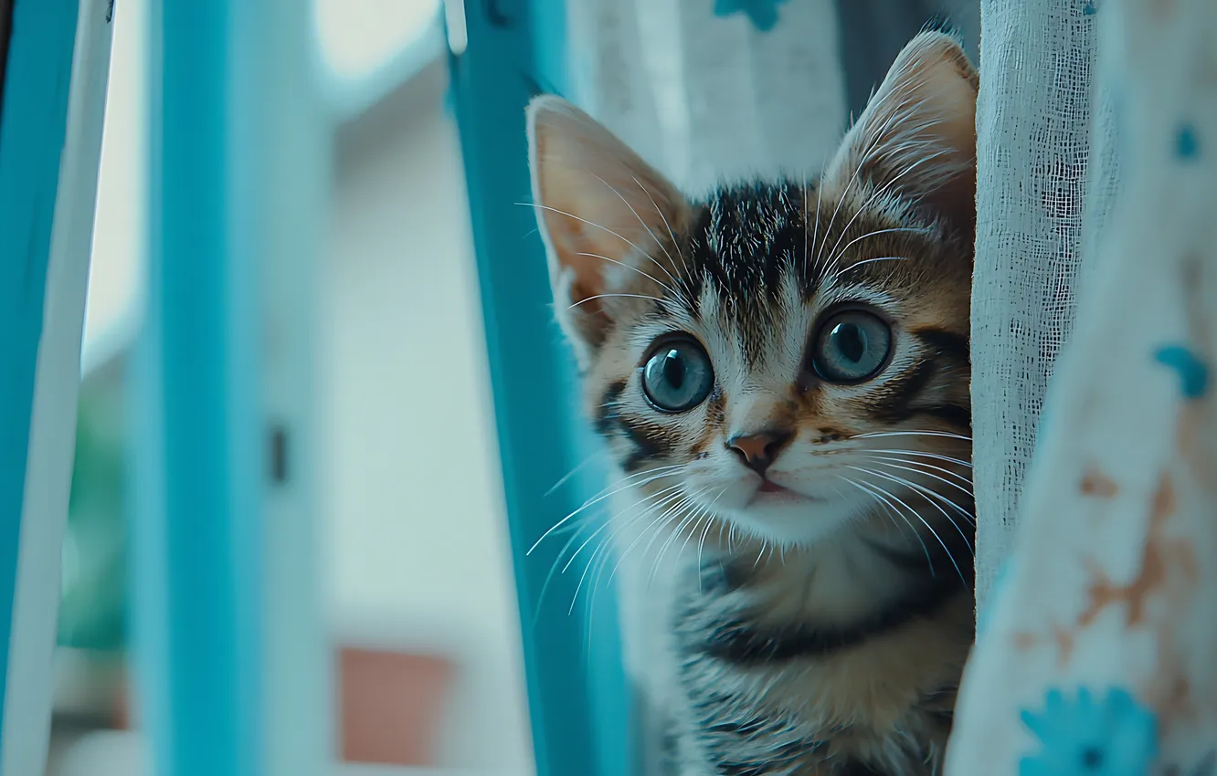 Photo wallpaper cat, look, pose, grey, window, kitty, curtains, blue eyes