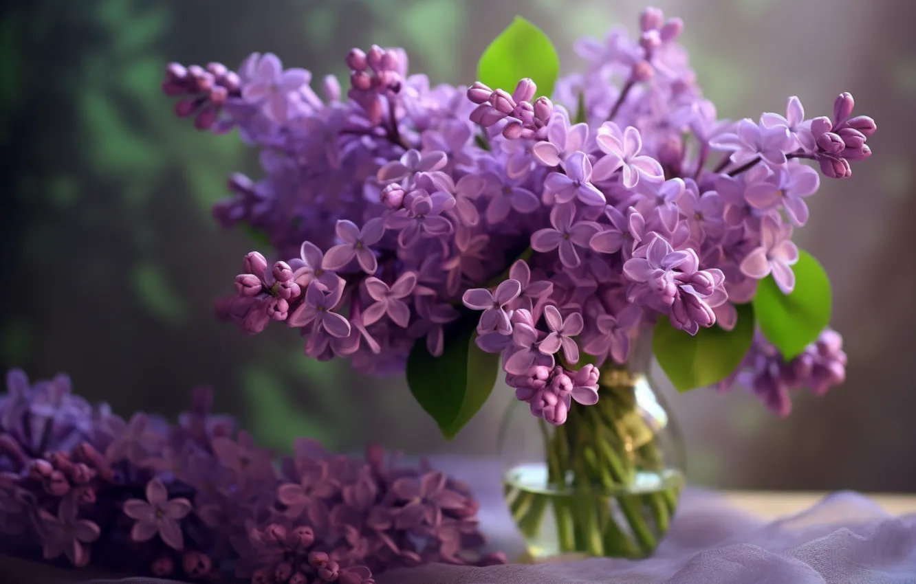Photo wallpaper flowers, bouquet, spring, vase, lilac, AI art, neural network