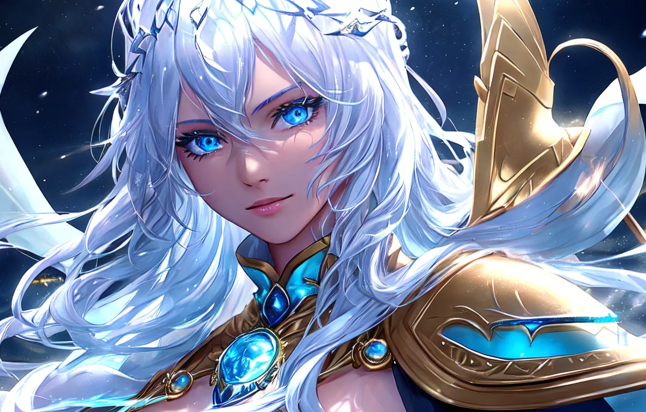 Photo wallpaper look, portrait, blue eyes, beautiful girl, digital art, silver hair, artificial intelligence, Stable Diffusion