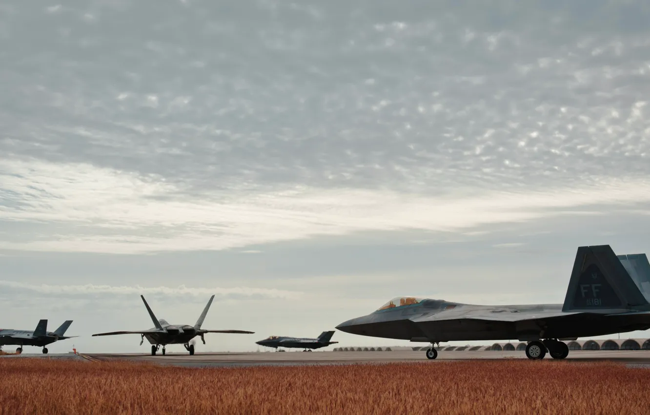 Photo wallpaper fighter, USAF, F-22 Raptor, F-35 Lightning II