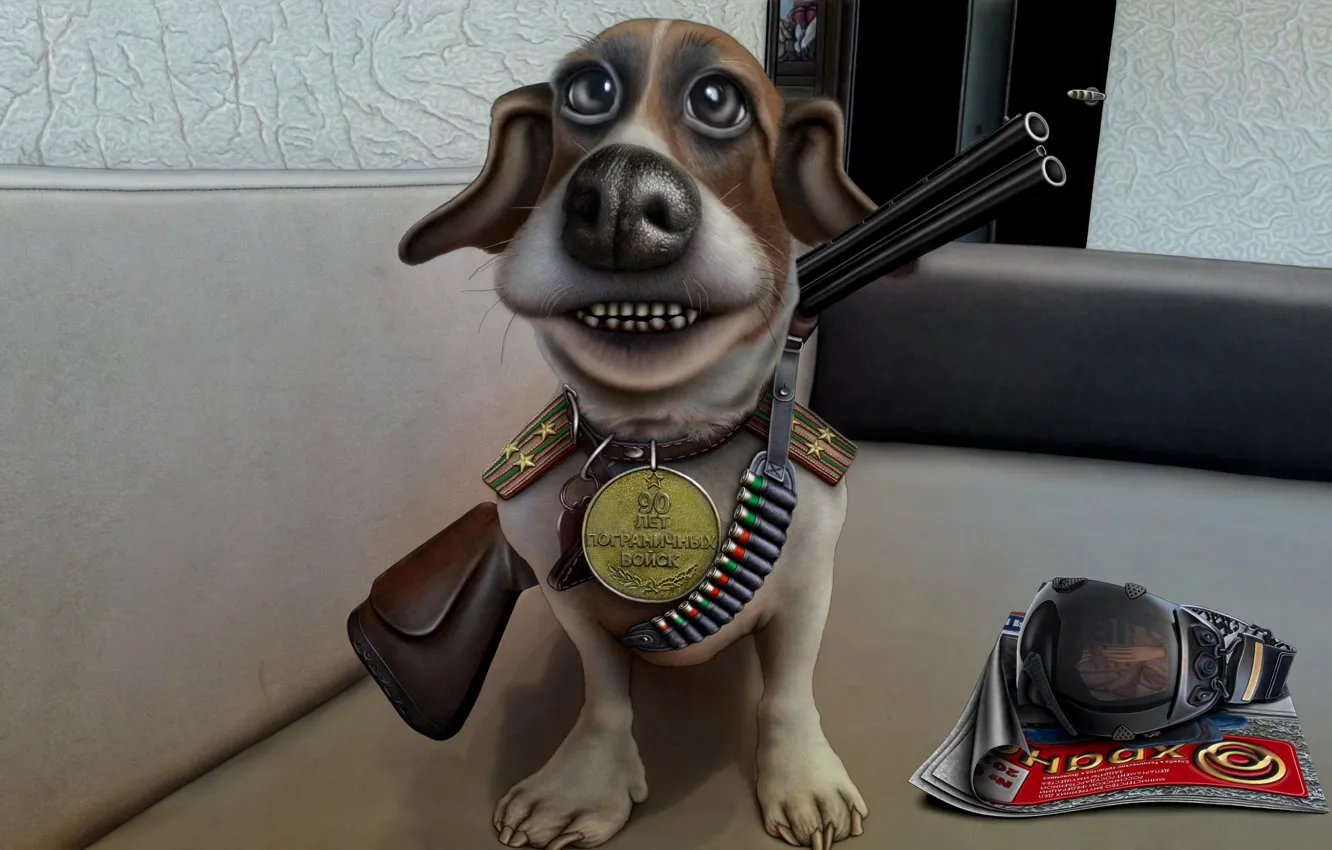 Photo wallpaper dog, medal, the gun, caricature, shoulder straps, bandolier, the guard