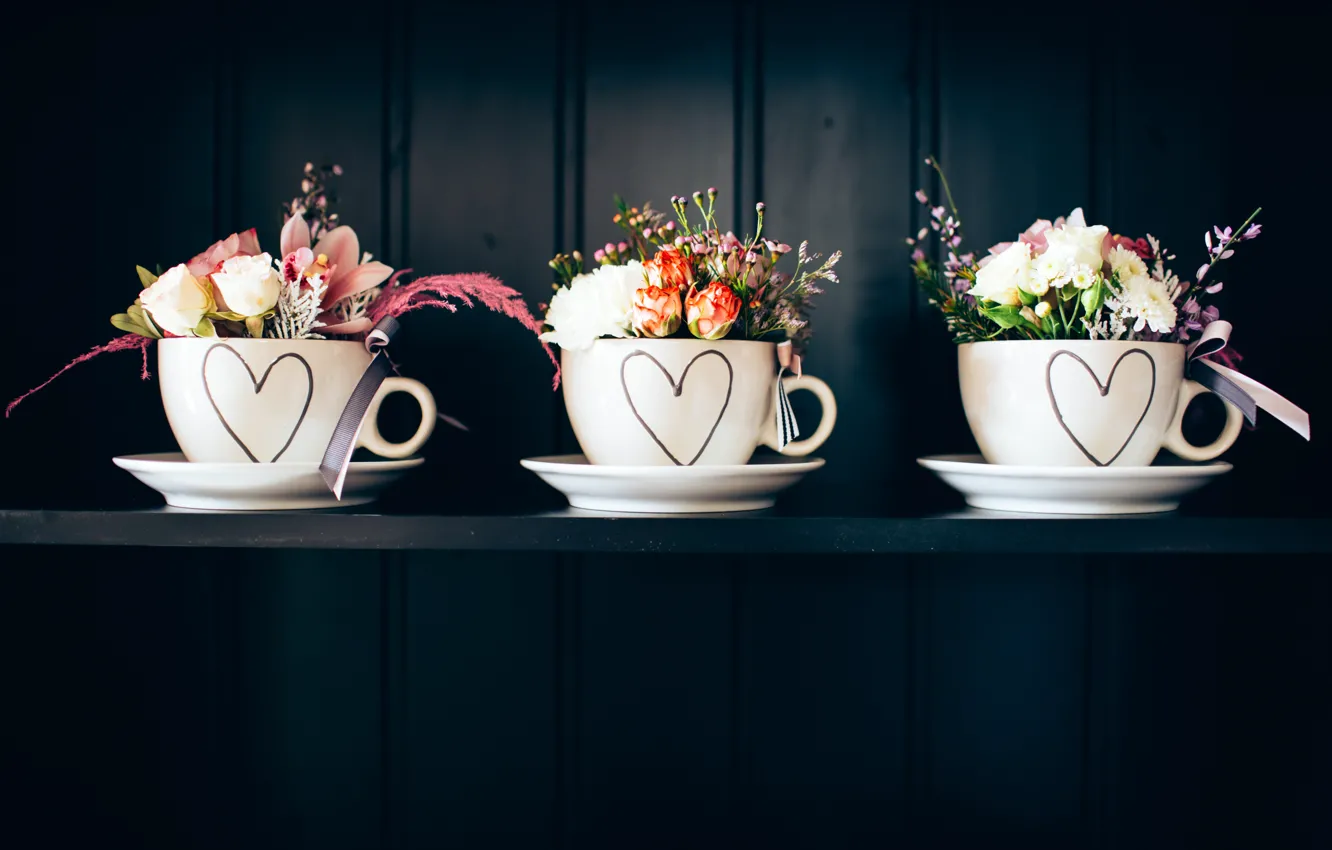 Photo wallpaper flowers, interior, Cup, shelf, three, white, composition