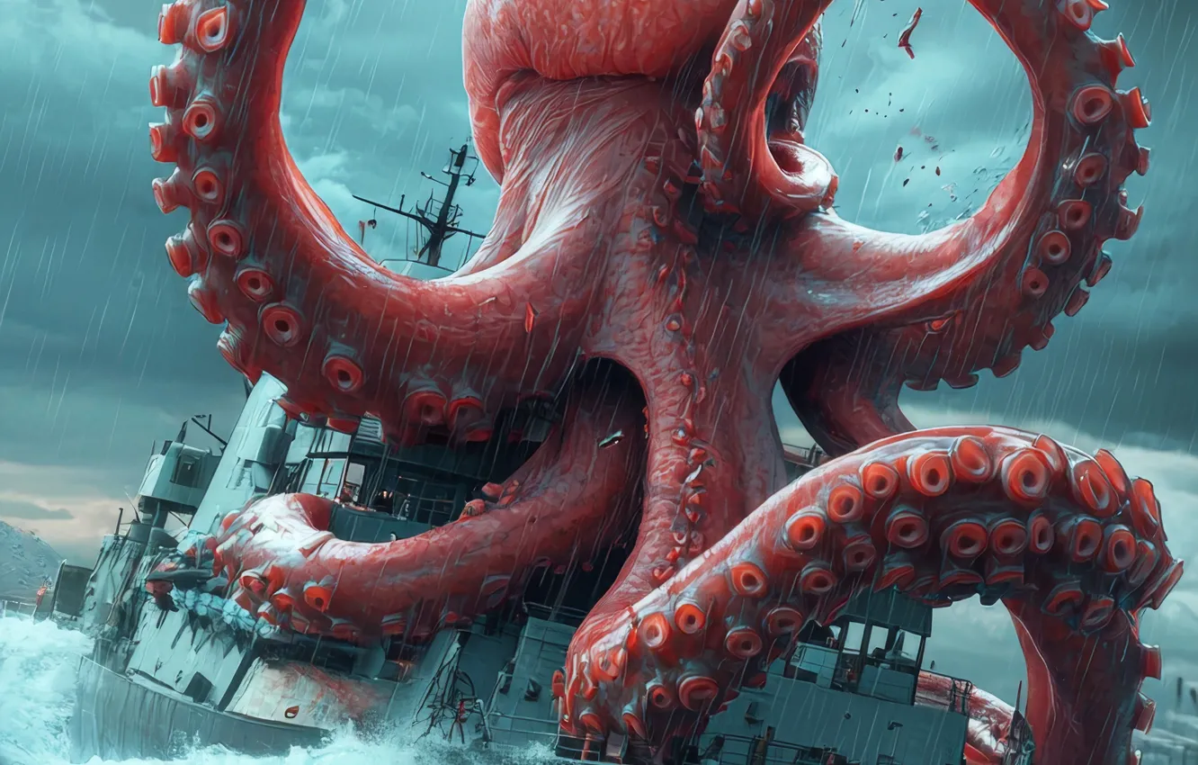 Photo wallpaper Sea, Wave, Ship, Rain, Clouds, The tentacles, Attack, Digital art