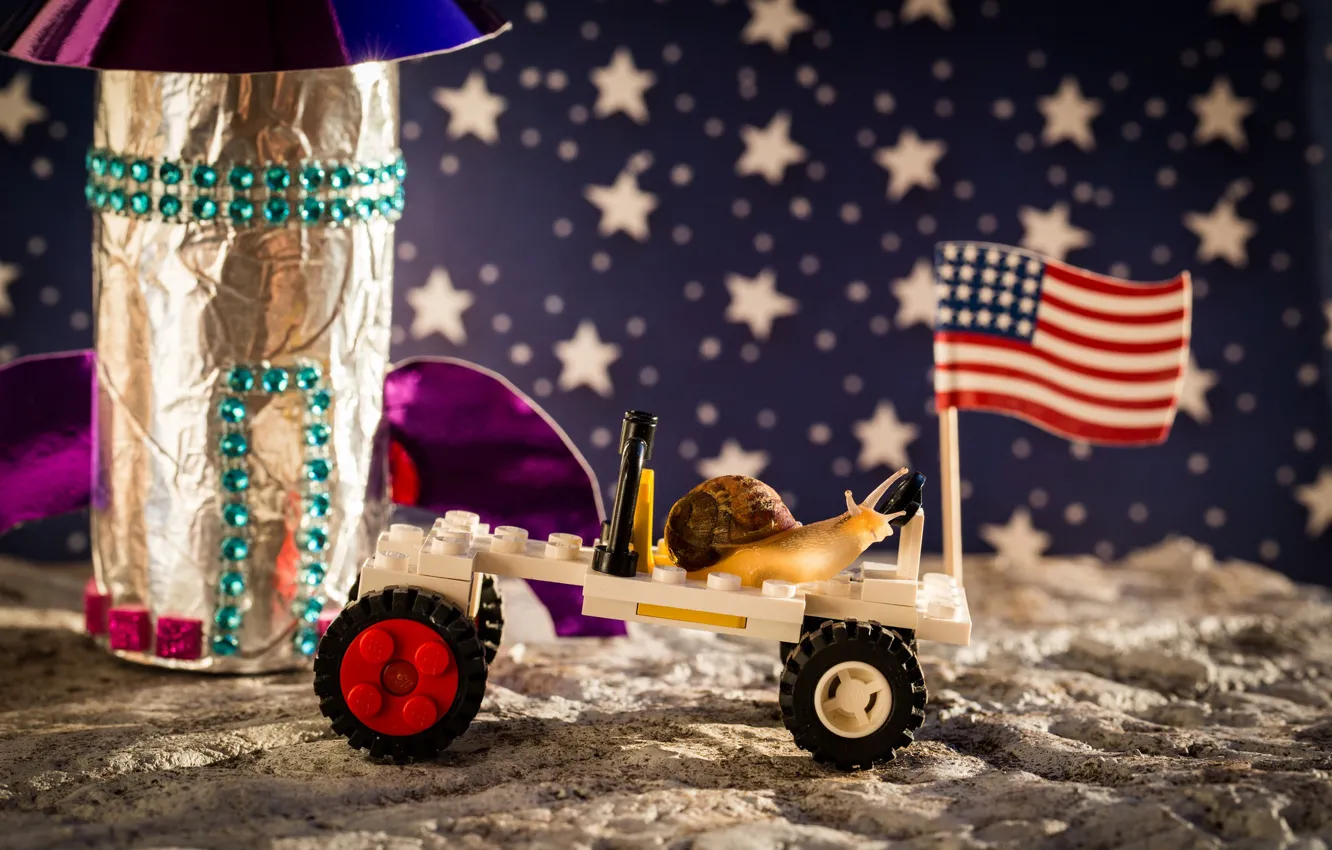 Photo wallpaper space, stars, macro, the moon, snail, astronaut, rocket, flag