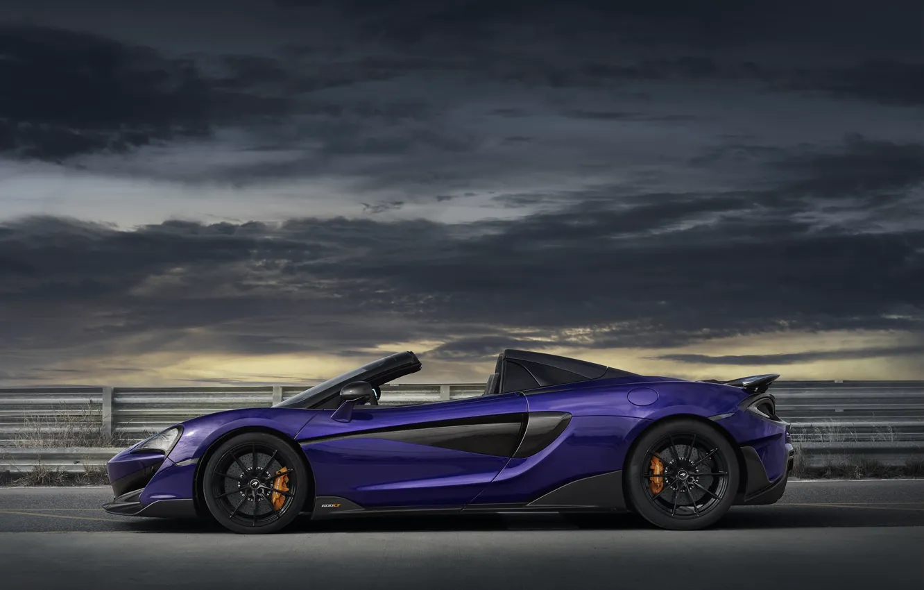 Photo wallpaper overcast, McLaren, supercar, side view, Spider, 2019, 600LT, Lantana Purple