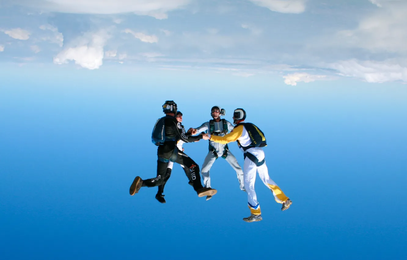 Photo wallpaper camera, parachute, container, helmet, skydivers, extreme sports, parachuting, headdown