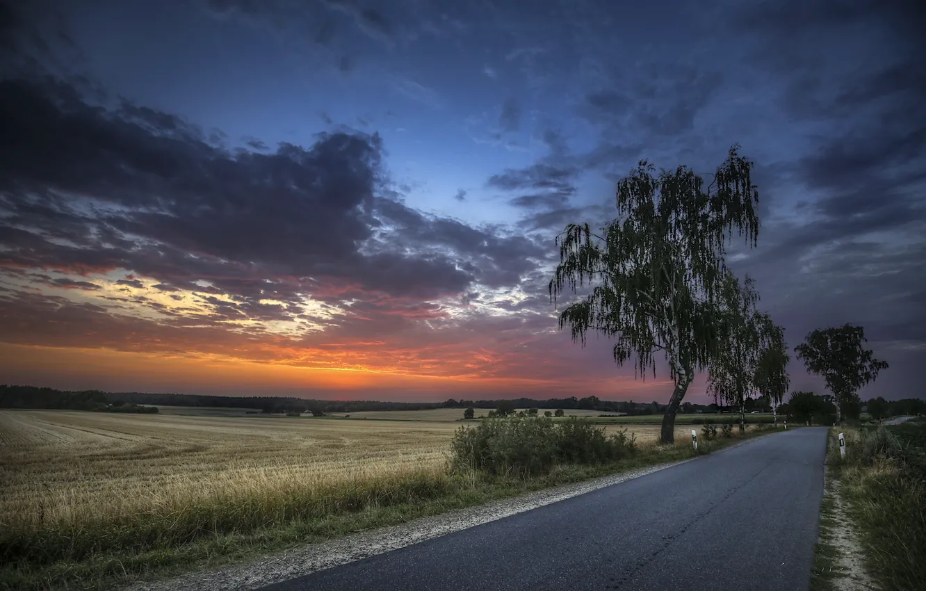 Photo wallpaper road, field, sunset