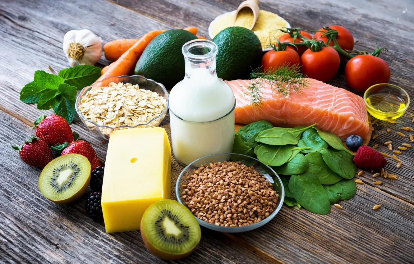 Photo wallpaper greens, fish, cheese, kiwi, milk, strawberry, tomatoes, avocado