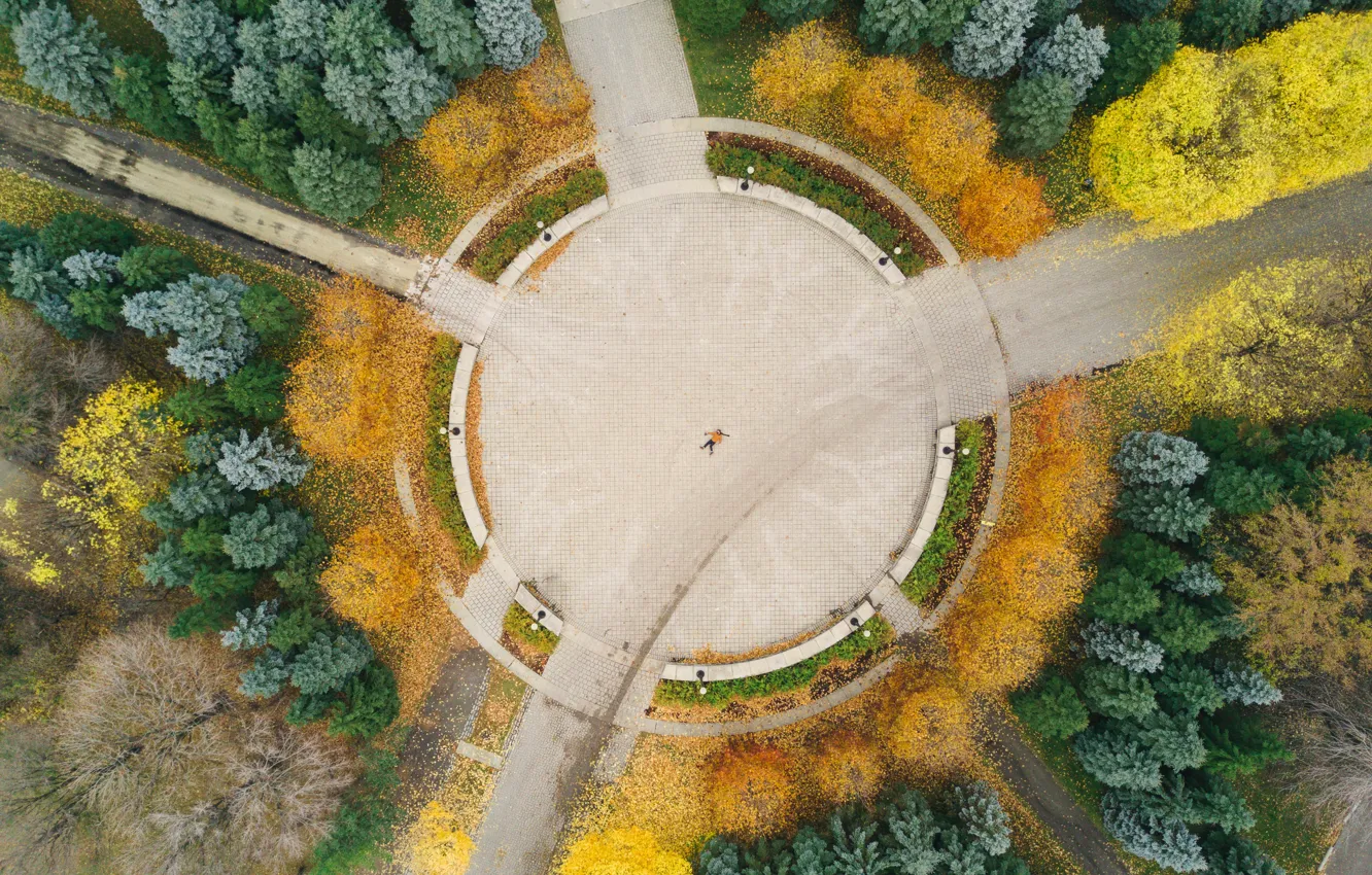 Photo wallpaper autumn, trees, Park, people, lies, the view from the top, from the height, from the …