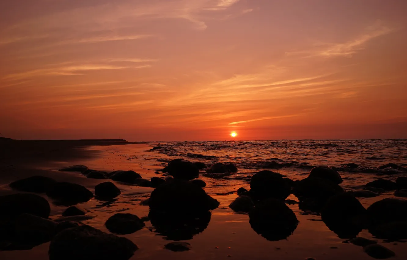 Photo wallpaper sea, sunset, shore, the evening