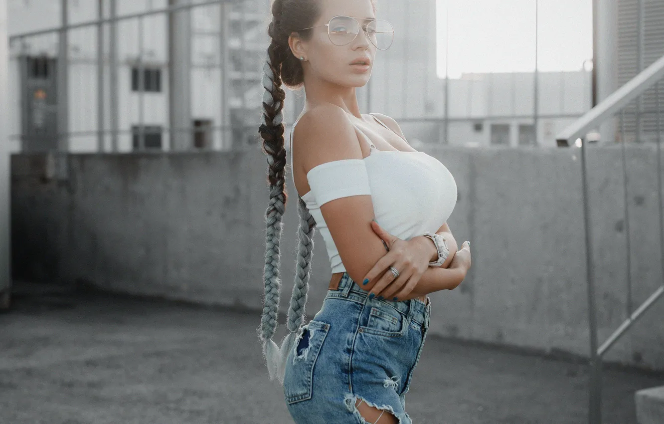 Photo wallpaper girl, pose, jeans, hands, glasses, braids, Andrey Popenko