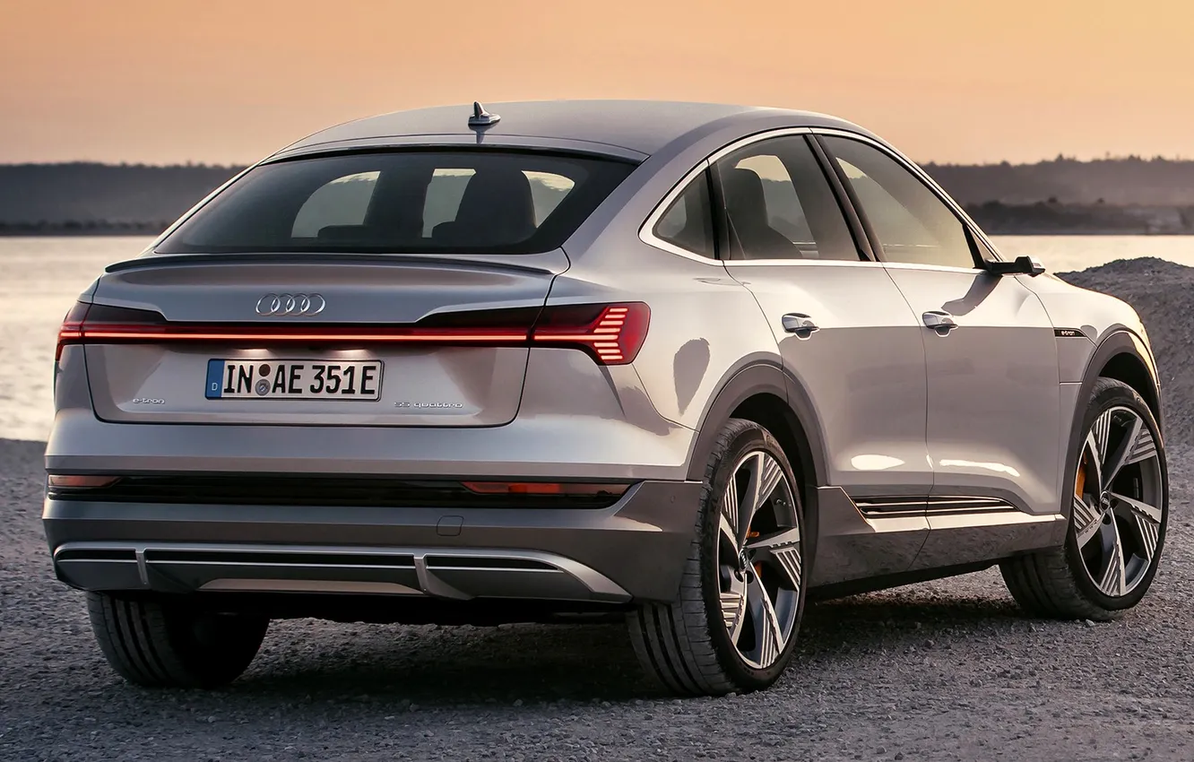 Photo wallpaper lake, Audi, shore, silver, e-tron, quattro, Sportback, exterior