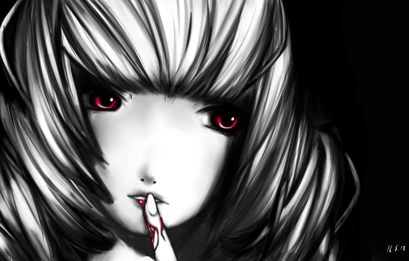 Photo wallpaper girl, face, blood, art, finger, monochrome