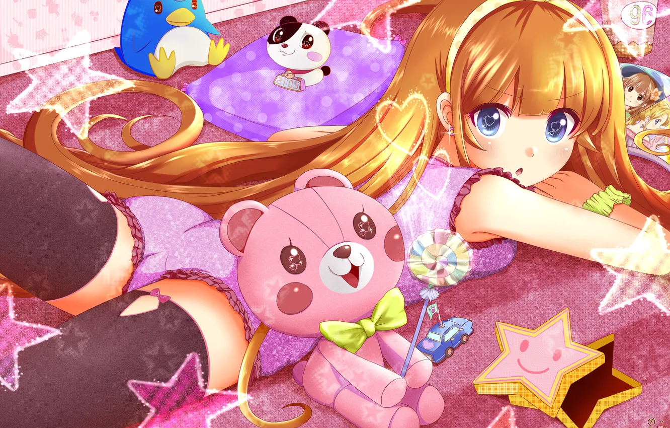 Photo wallpaper girl, toy, dog, anime, penguins, art, bear, sweets