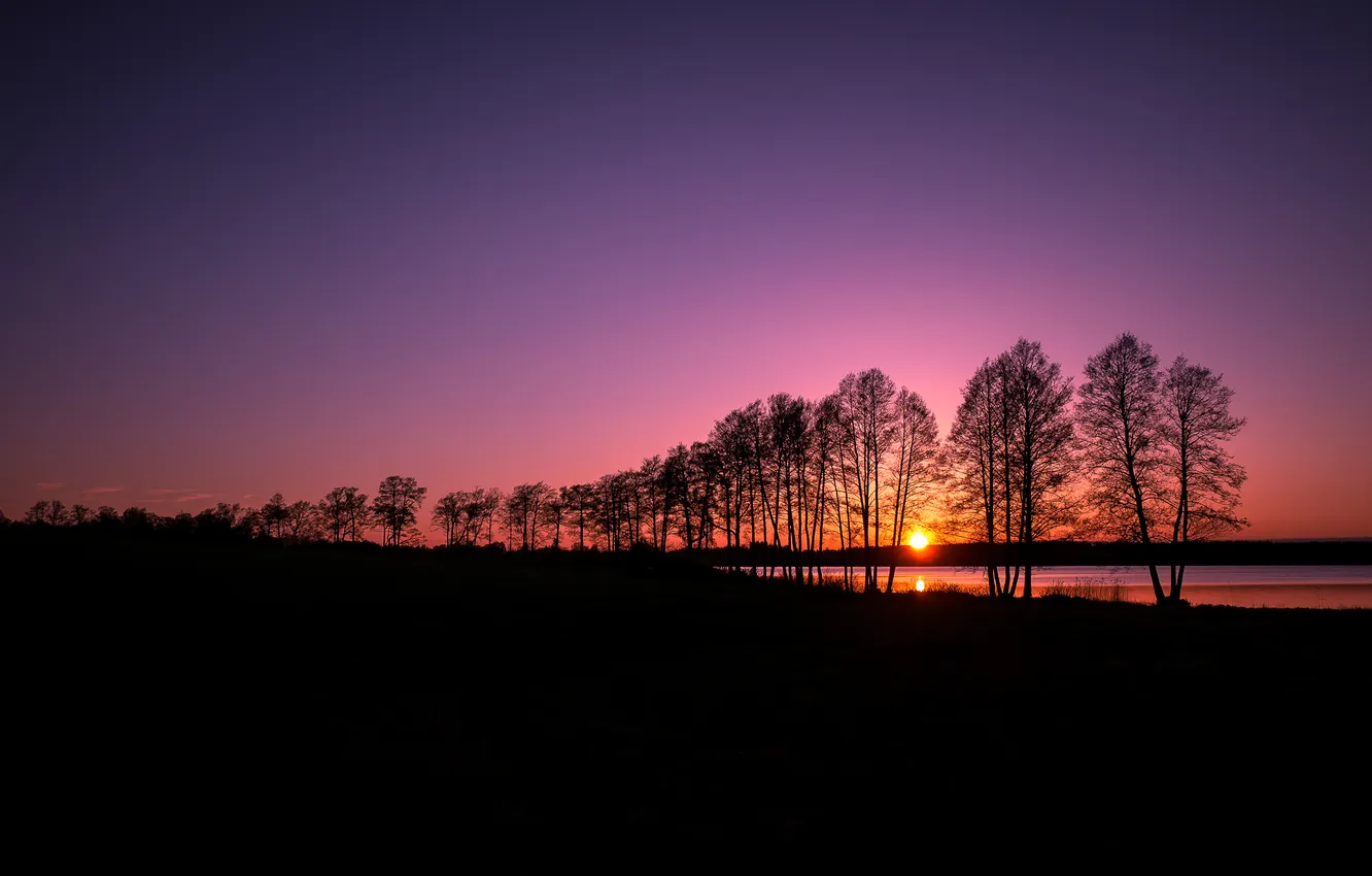 Photo wallpaper the sky, the sun, trees, sunset, lake, river, silhouette, Finland